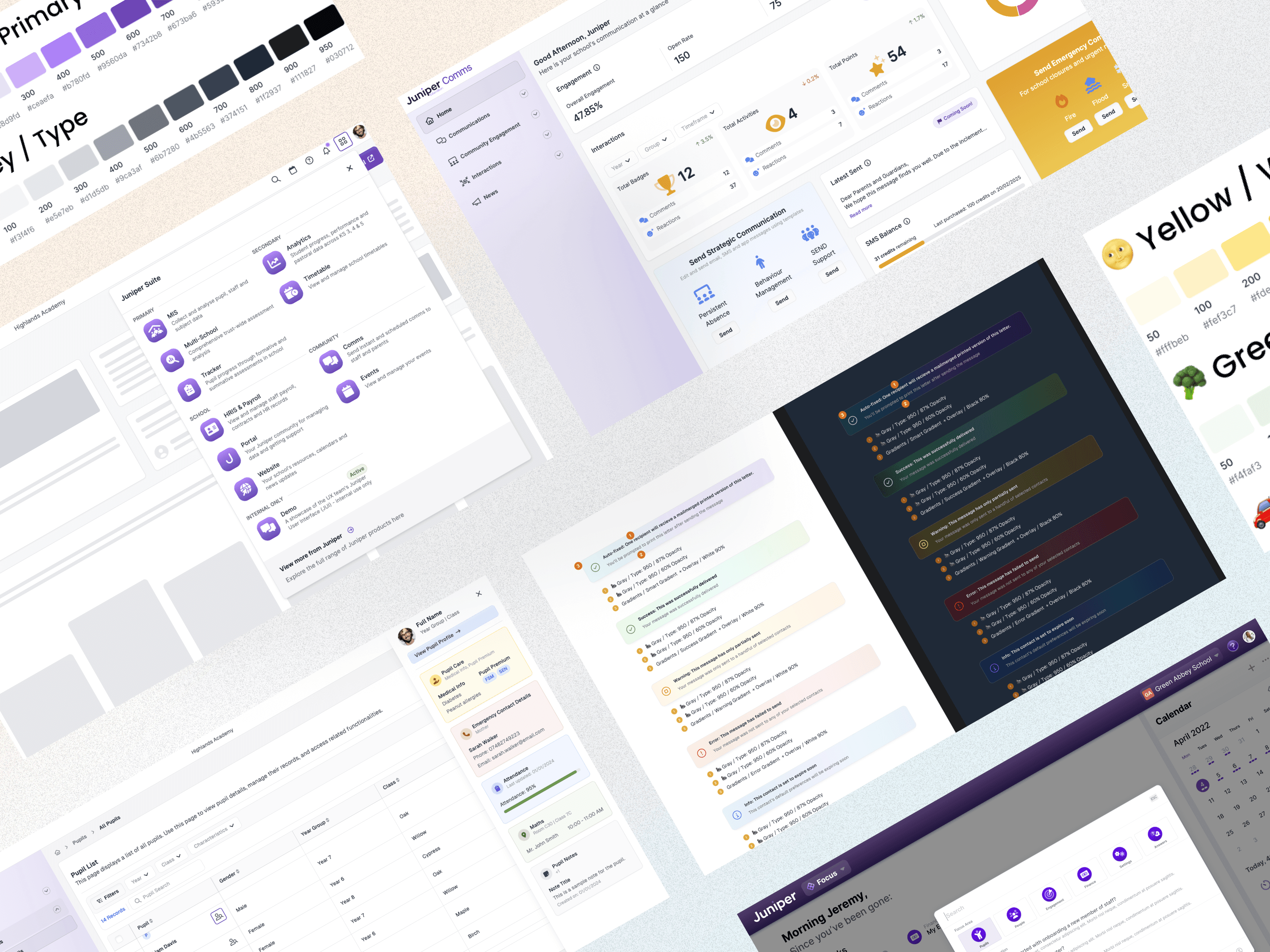 Layout of various web app designs including app switcher and alert components