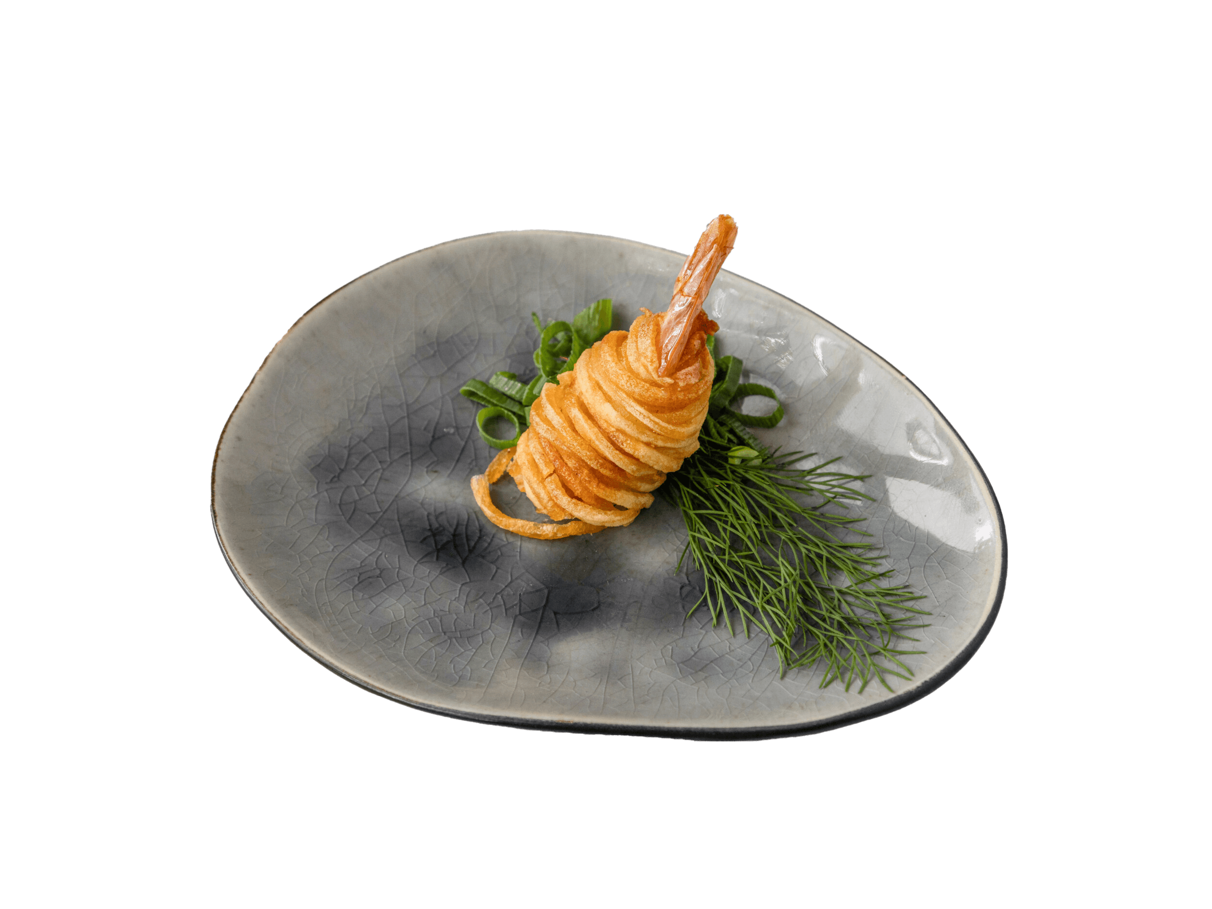 een stuk Zalm Kaas Roll sushi op een grijs keramisch bord met paarse shisoblaadjes, gevuld met zalm, roomkaas en avocado