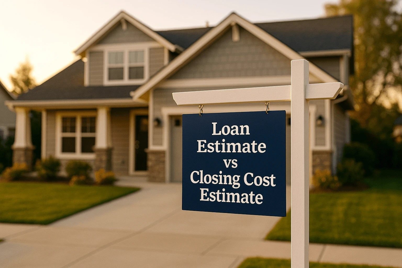 Real estate sign in front of a house displaying the words “Closing Cost Estimate vs. Loan Estimate”.