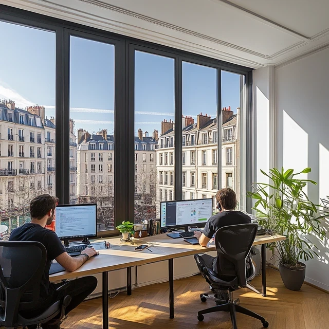 Deux développeurs travaillent sur leurs écrans avec vue sur des immeubles haussmanniens.