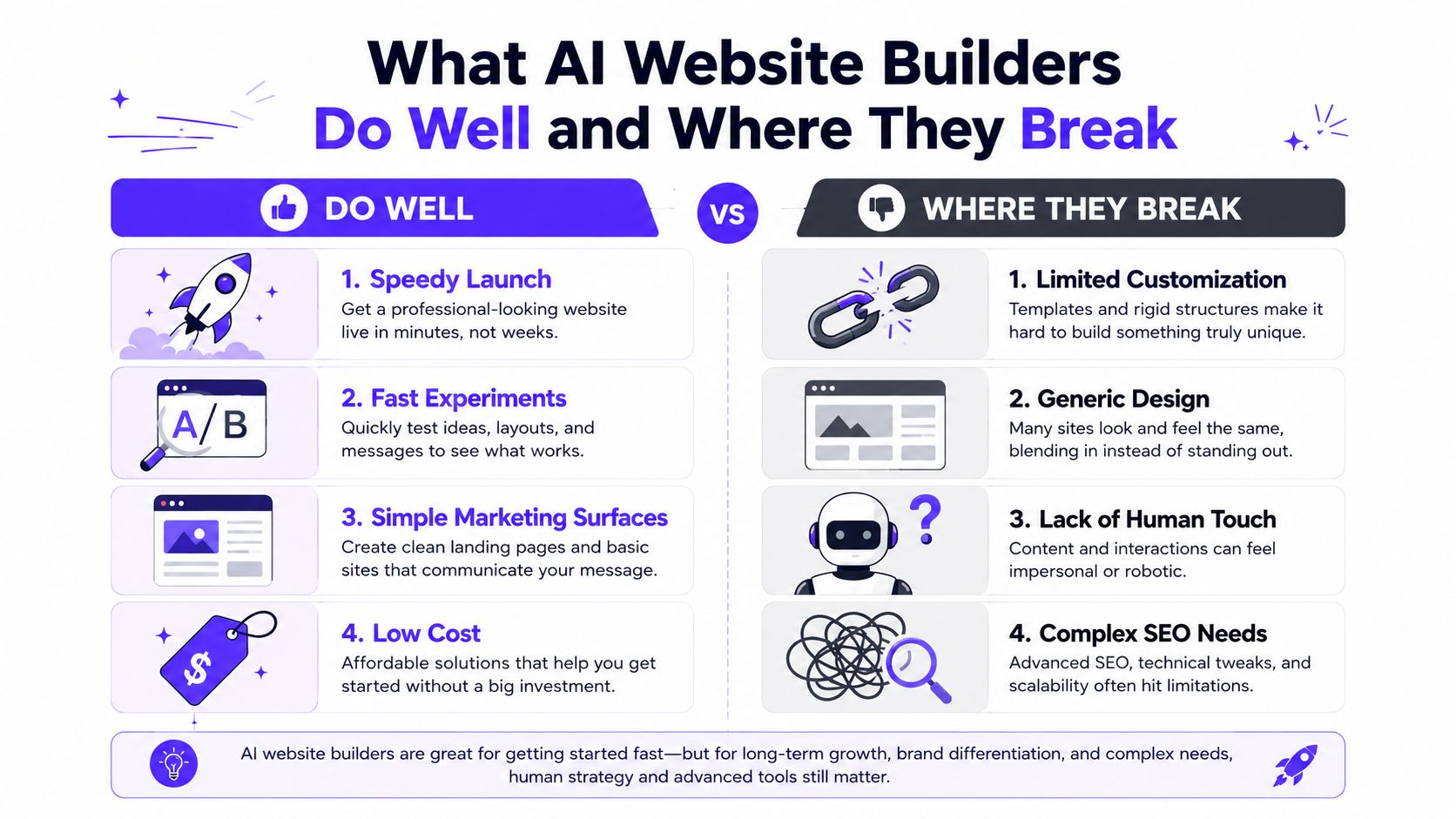 An infographic comparing the benefits of AI website builders against their limitations in web design.