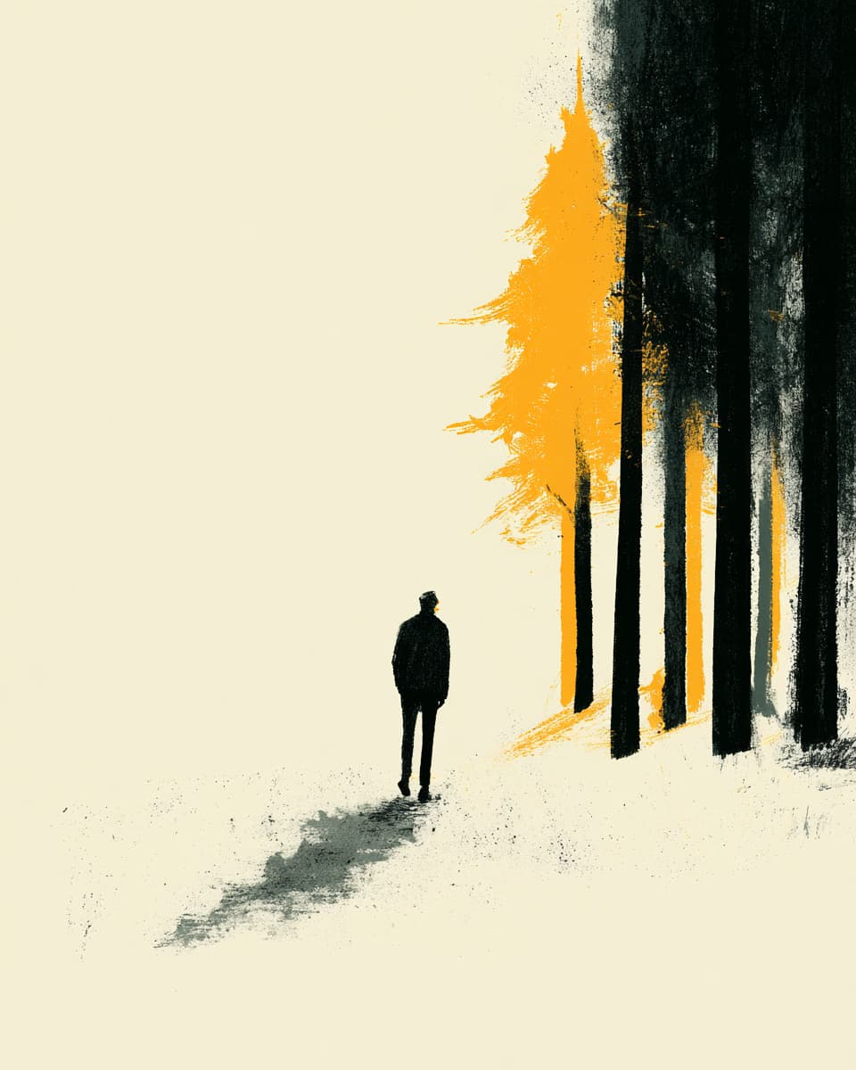 Illustration eines einsamen Mannes, der durch einen Wald aus Bäumen geht. Kunstwerk mit gelben und schwarzen Farbakzenten.