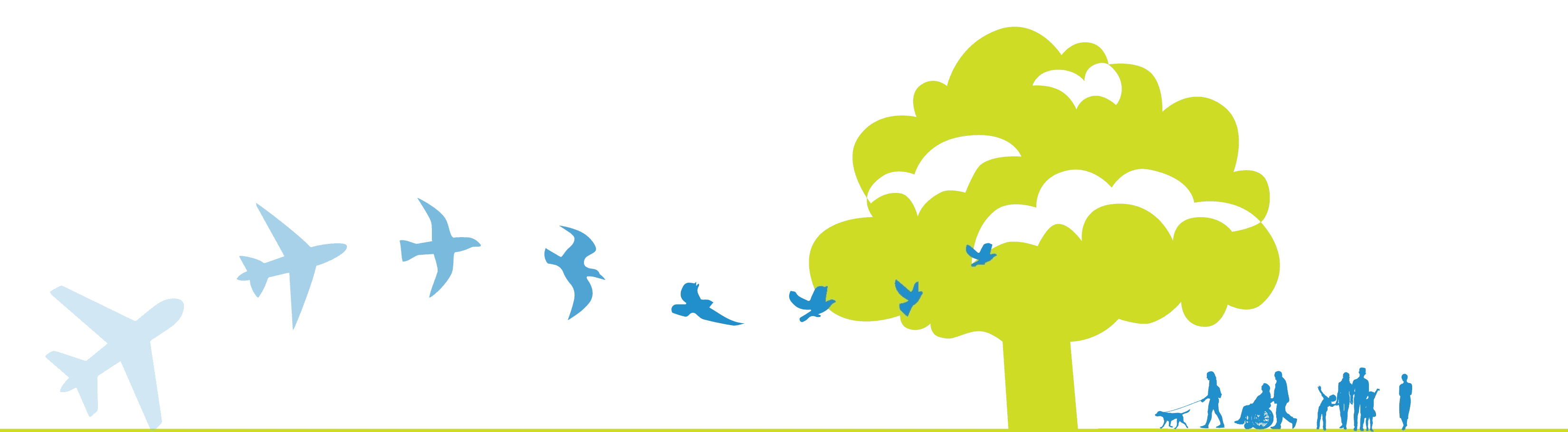 Graphic featuring a green ground plane and tree with a swooping motif of an airplane changing into a bird in light blue.
