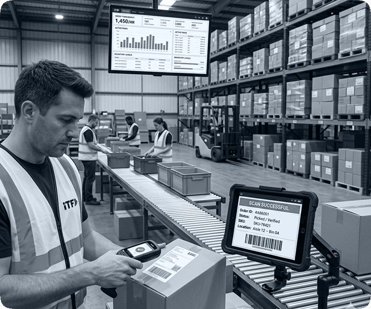 Warehouse associate scanning cartons while tablet confirms ecommerce order shipped and verified in real time