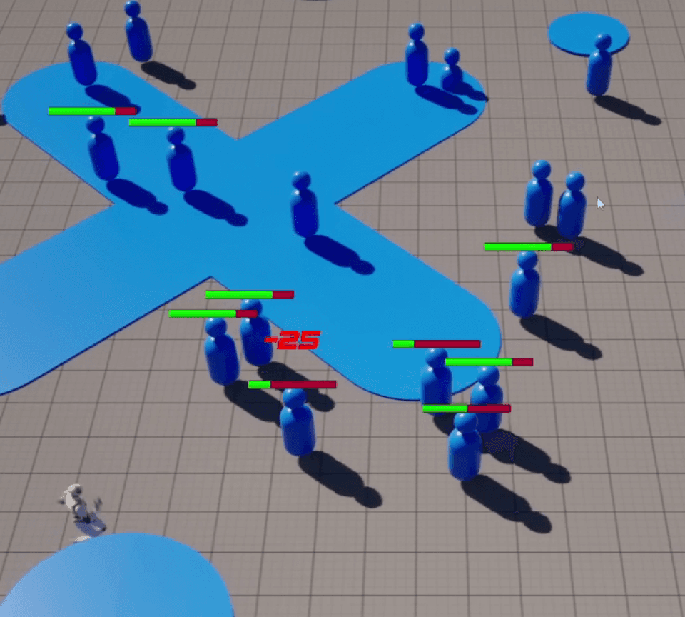Top-down view of a simple game prototype scene with multiple blue character figures standing on a grid.