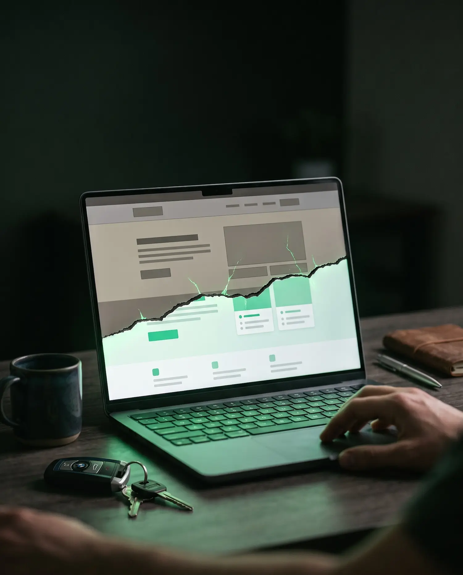 A person navigates a cracked laptop screen displaying a digital dashboard, accompanied by a coffee mug, notebook, and car keys on a wooden table, illustrating a work-from-home setup in Bradenton, FL.