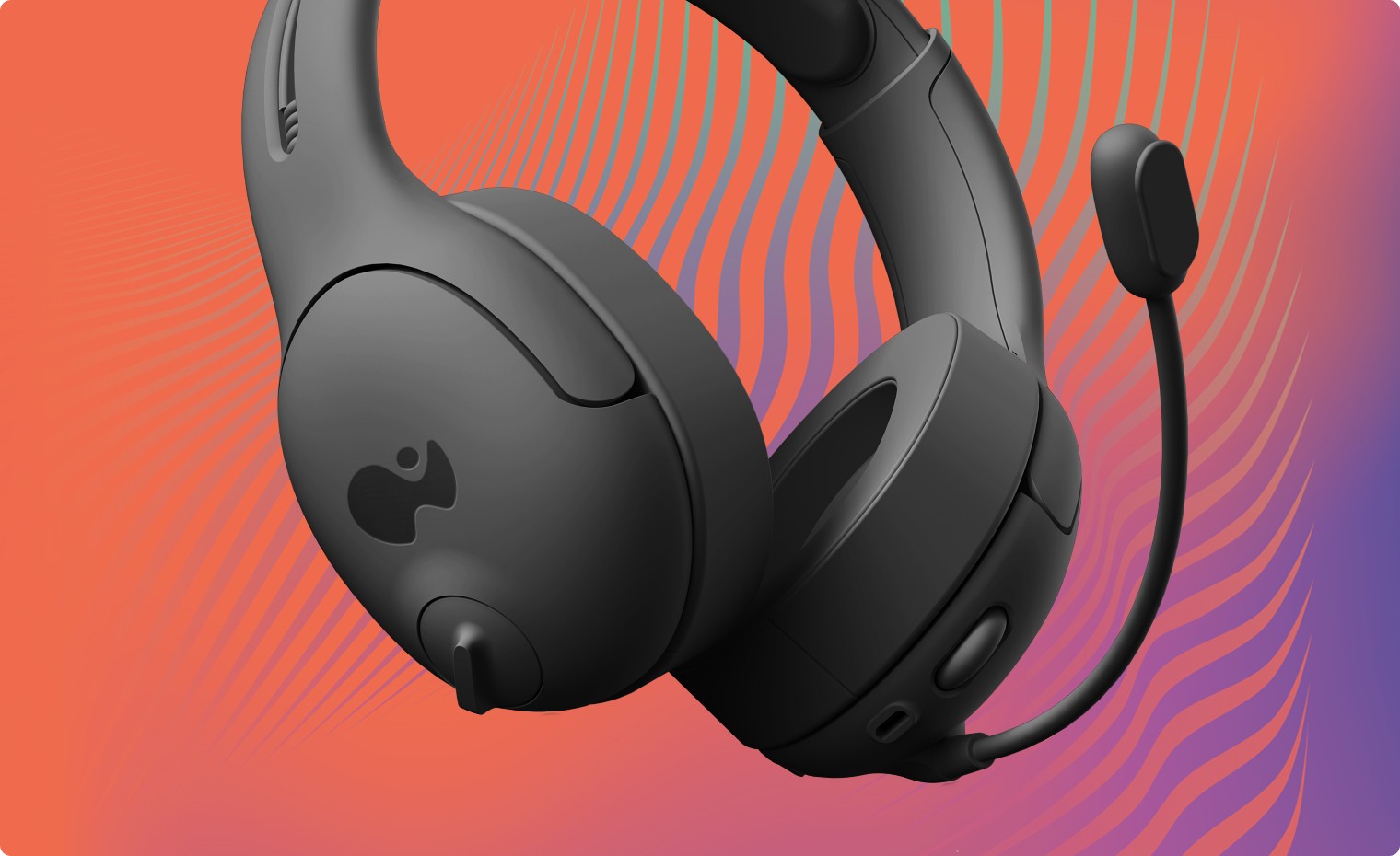 A closeup of a headset against a colorful stylized textured background
