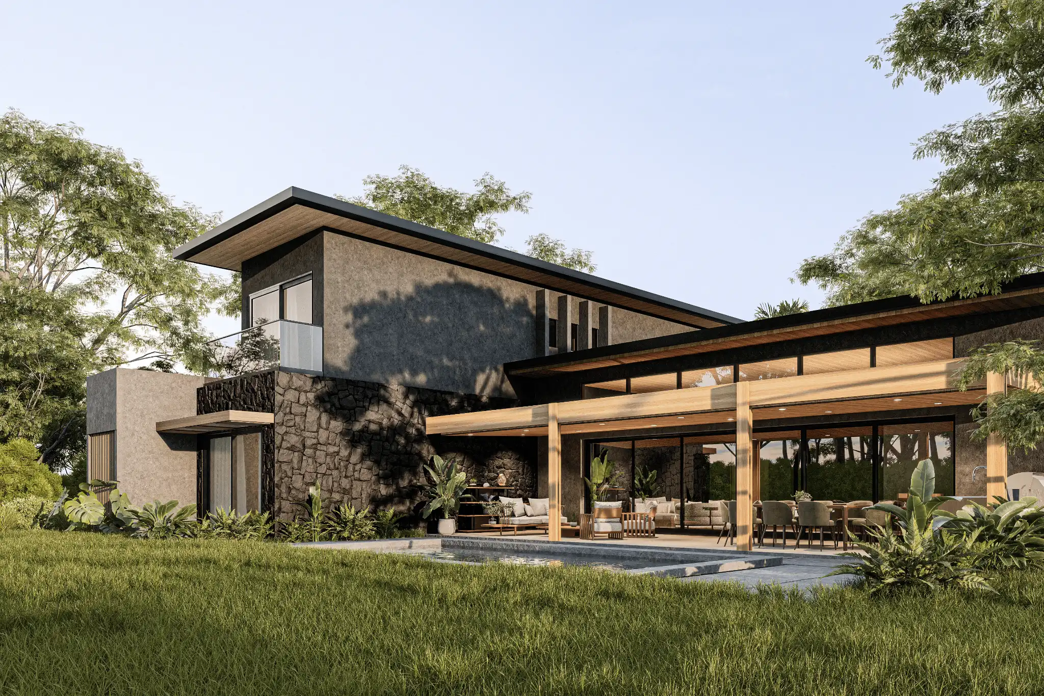 A painting of a lake house