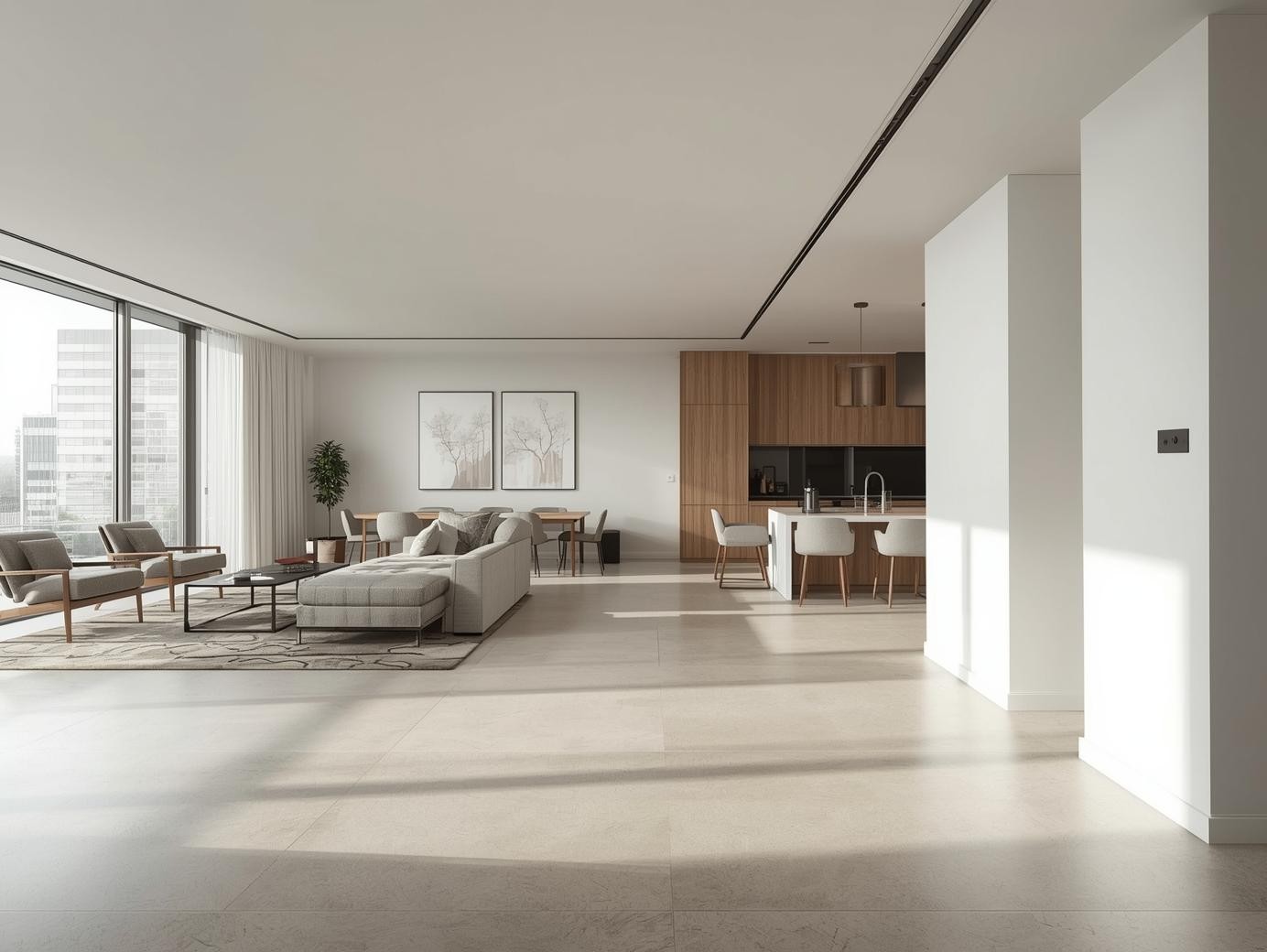 Modern open‑plan apartment interior with bright natural light and clean architectural design