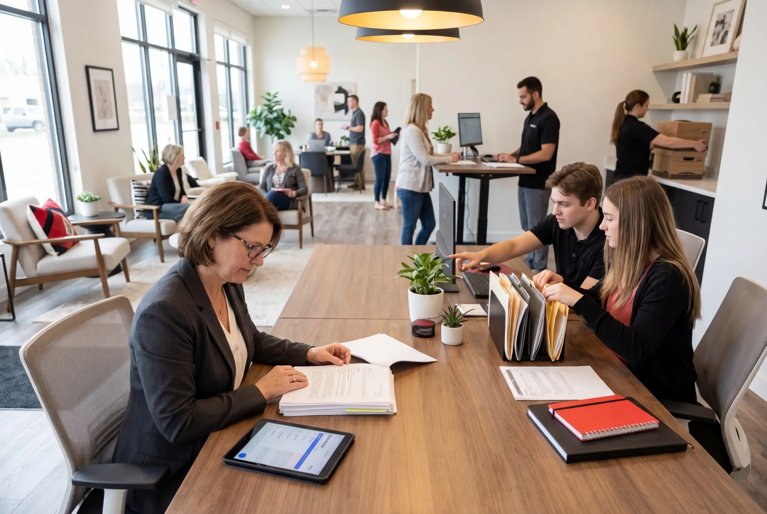 Office scene at RockN' Socials, a bustling digital marketing agency workspace.