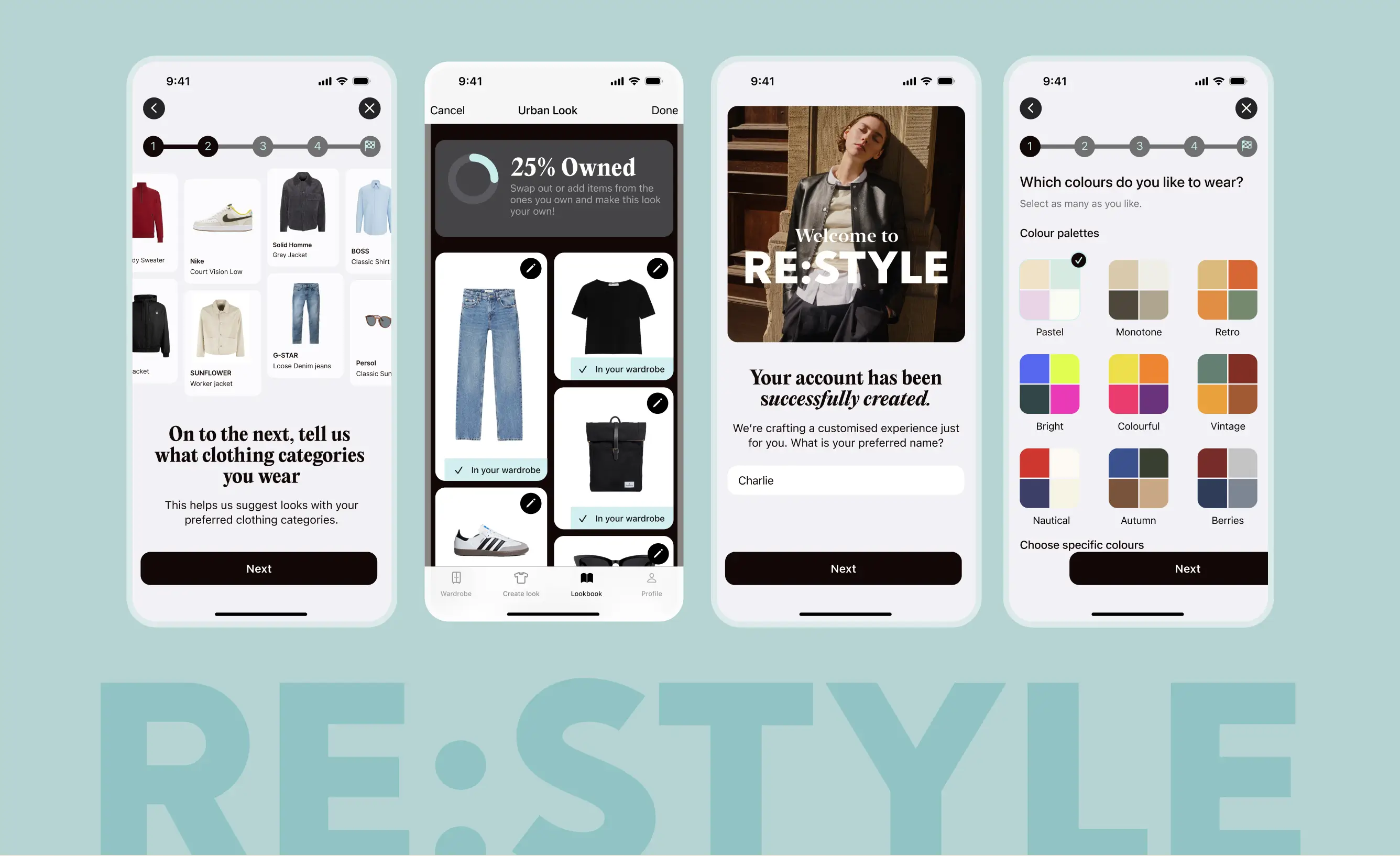 Mobile app interface of Re:Style, a fashion styling platform designed for personalised outfit curation, trend discovery, and intuitive navigation.