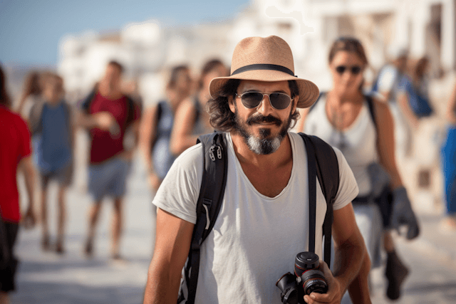 Man with straw hat and camera walking through a busy street, surrounded by people, in a sunny and lively atmosphere.