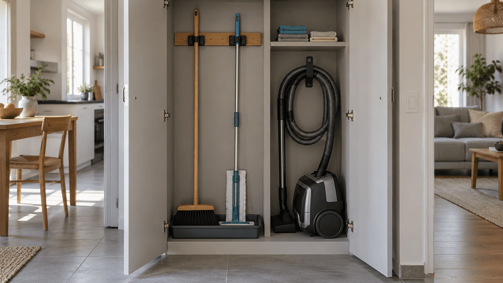 Placard ouvert avec balai et serpillière maintenus par des clips, aspirateur compact et tuyau rangés dans un compartiment séparé.