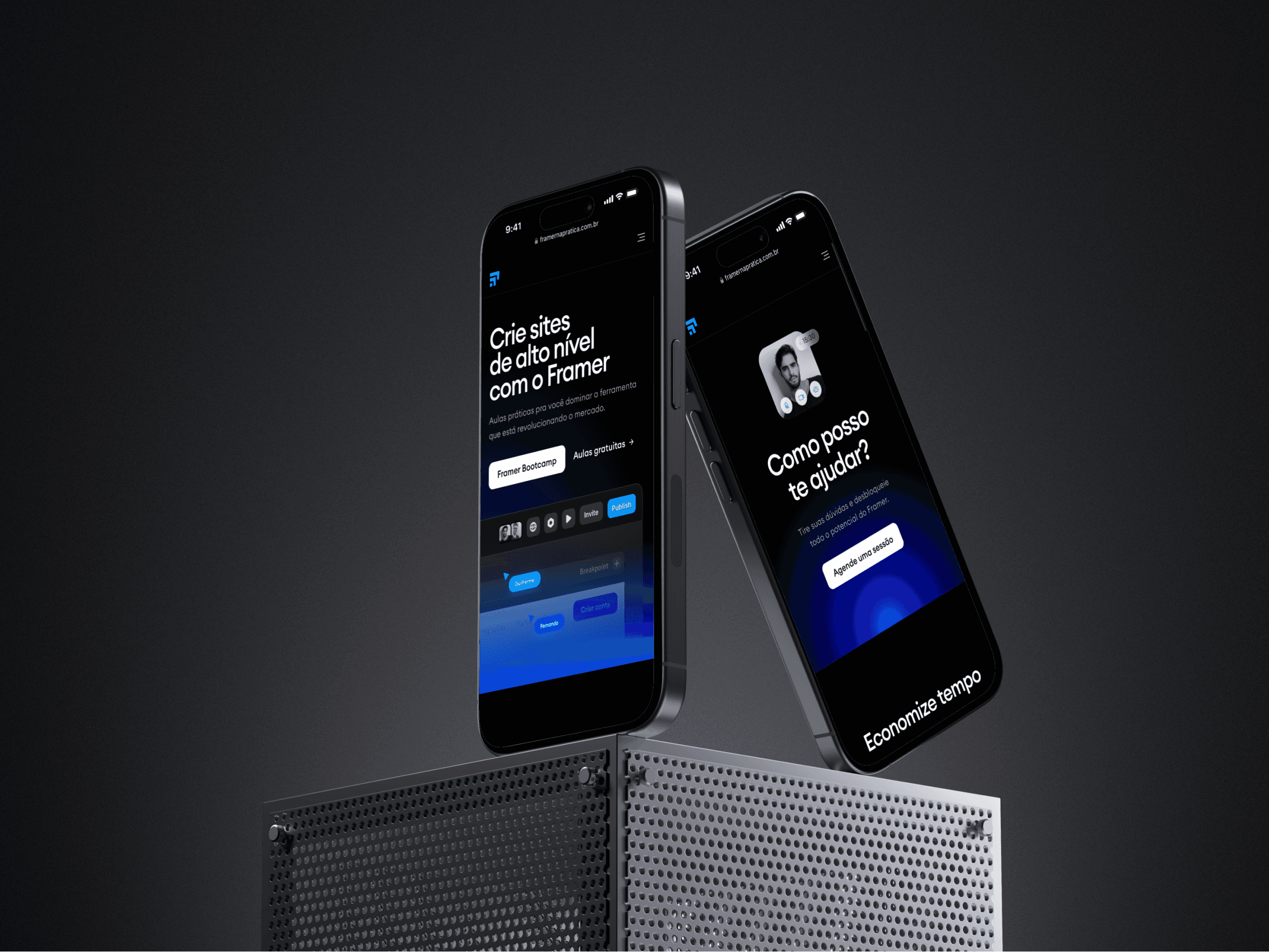 Mockup mobile da página inicial do Framer na Prática.