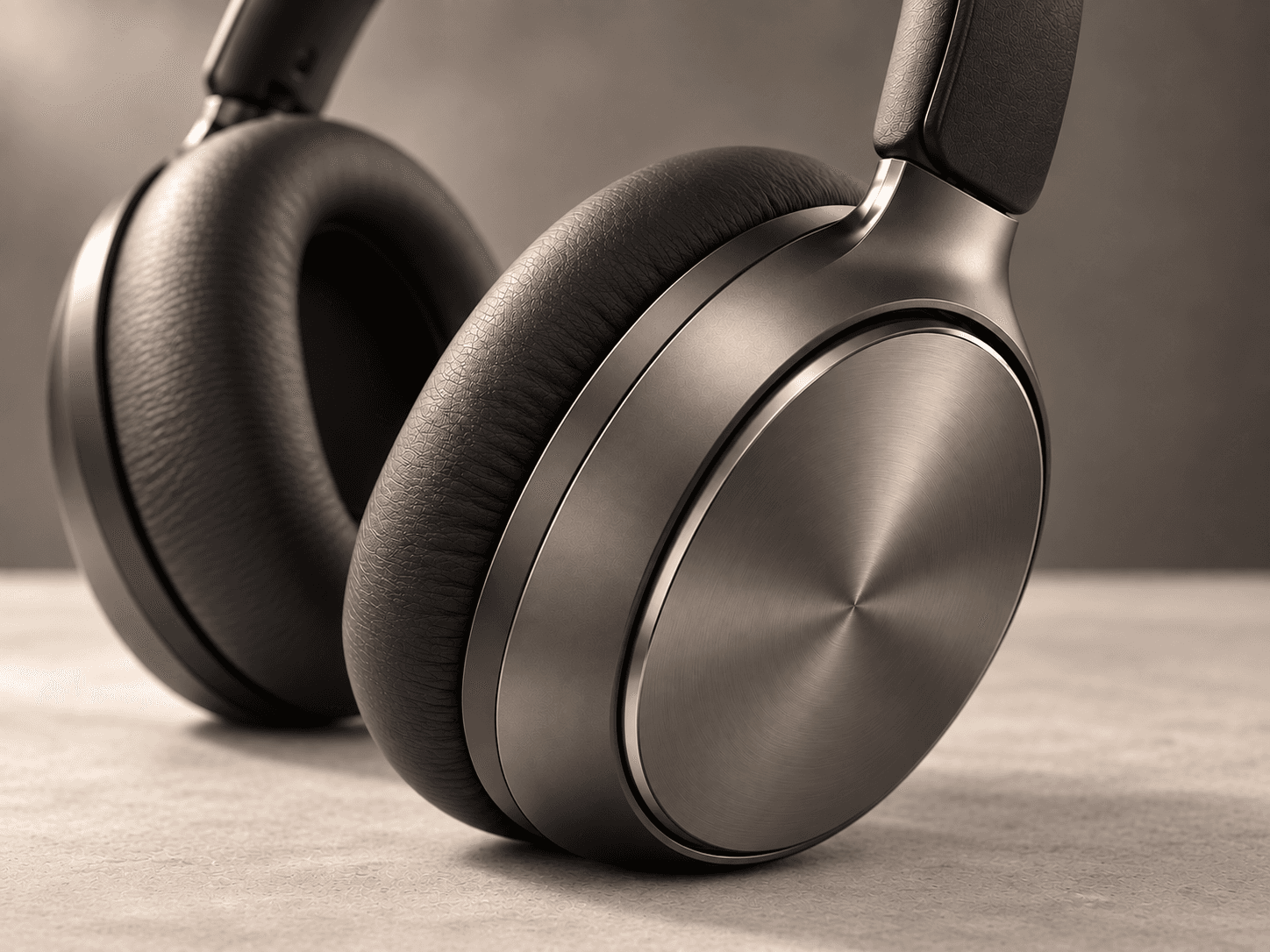 Product detail imagery highlighting the ear cushions and brushed finish of premium wireless headphones.