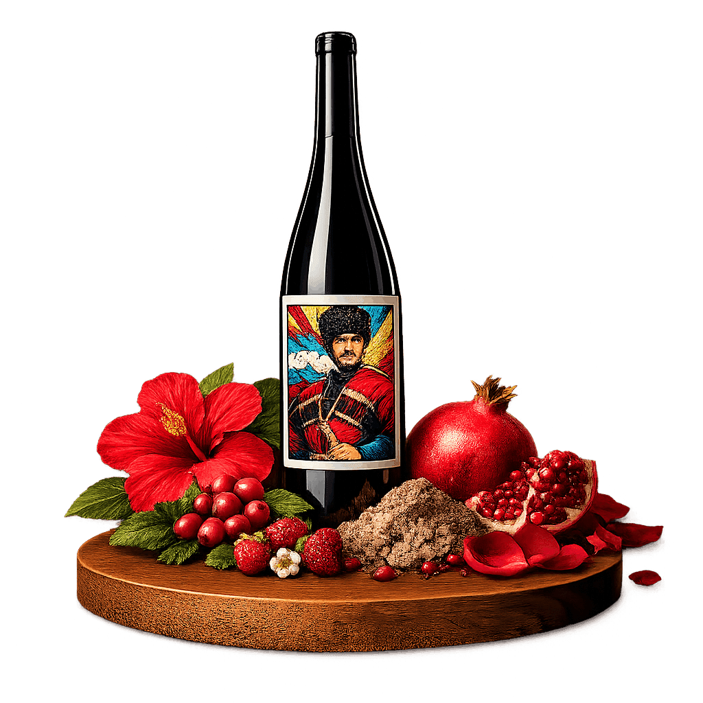 Artistic label and flavor profile for Georgian Tavkveri on a rustic wooden table.