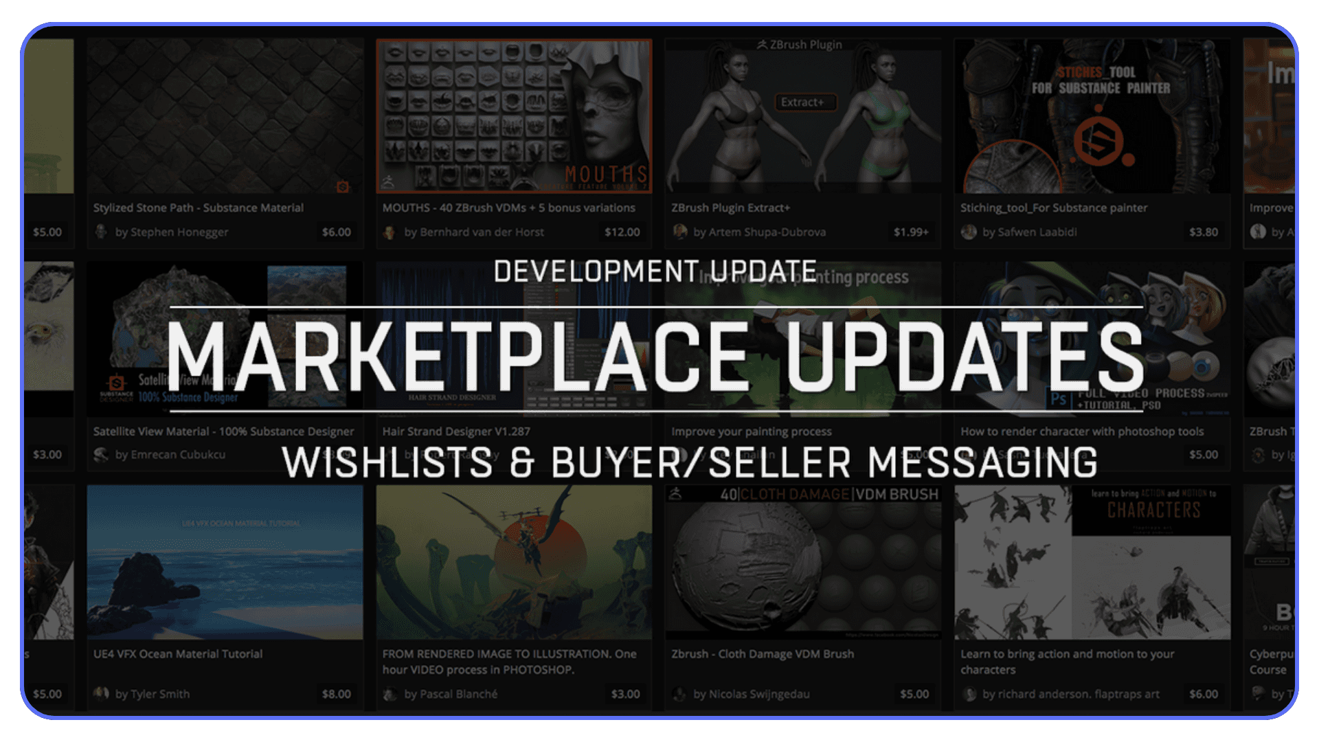 Marketplace Updates banner showing wishlist and buyer-seller messaging features over an asset grid background.
