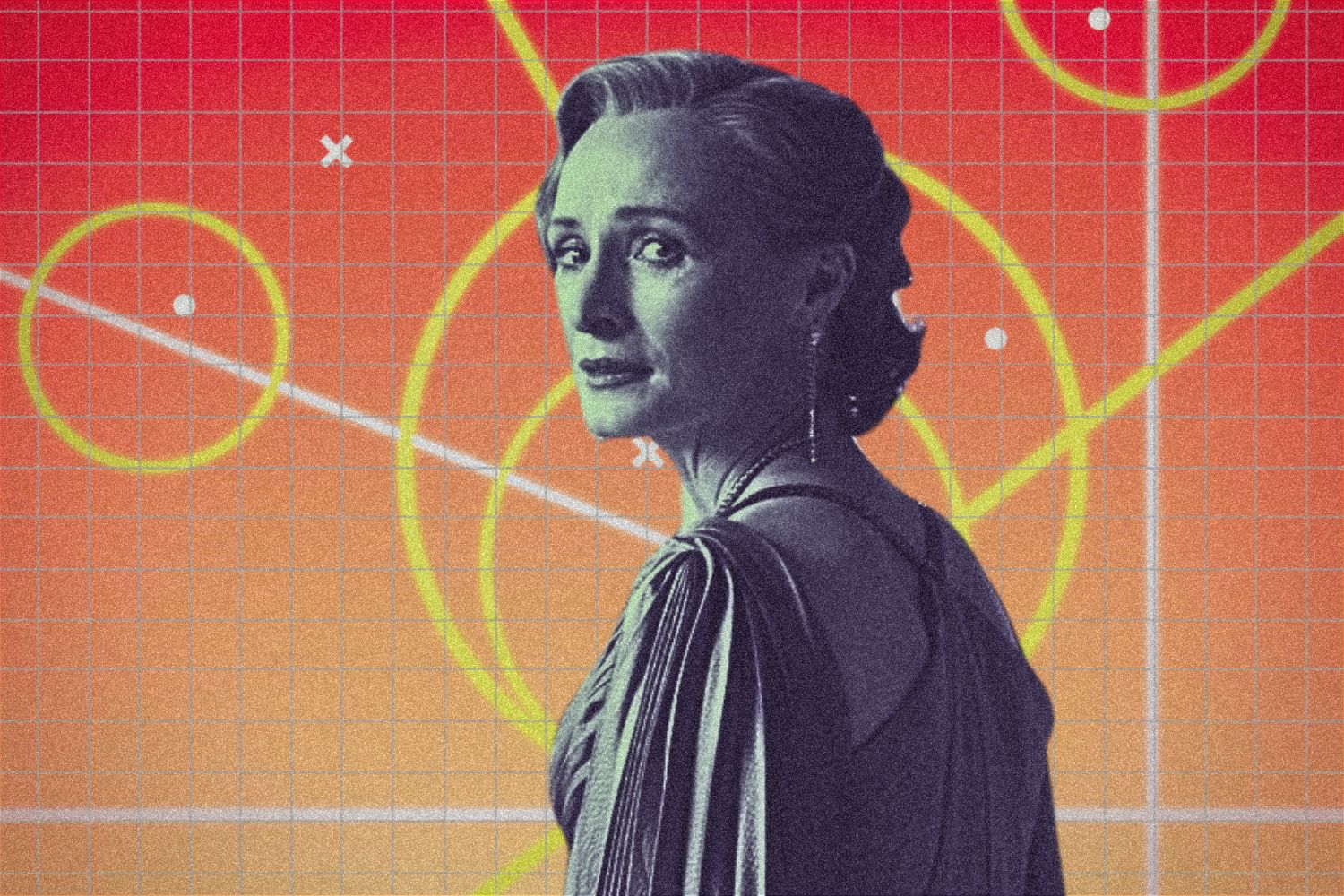 Mon Mothma from Andor looking back over her shoulder in a green tint on top of a ombre geometric background