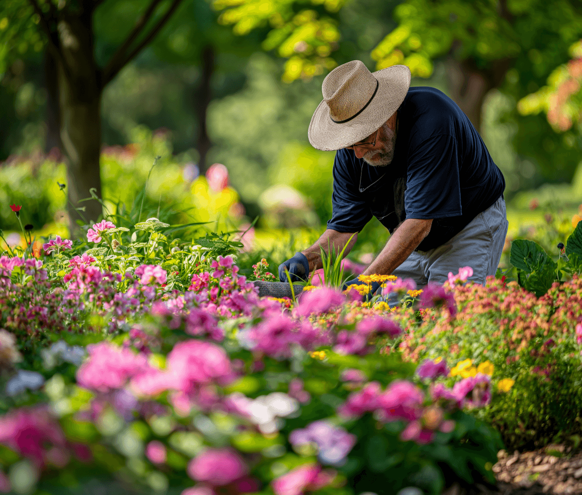 a brick path with a garden of flowers and trees