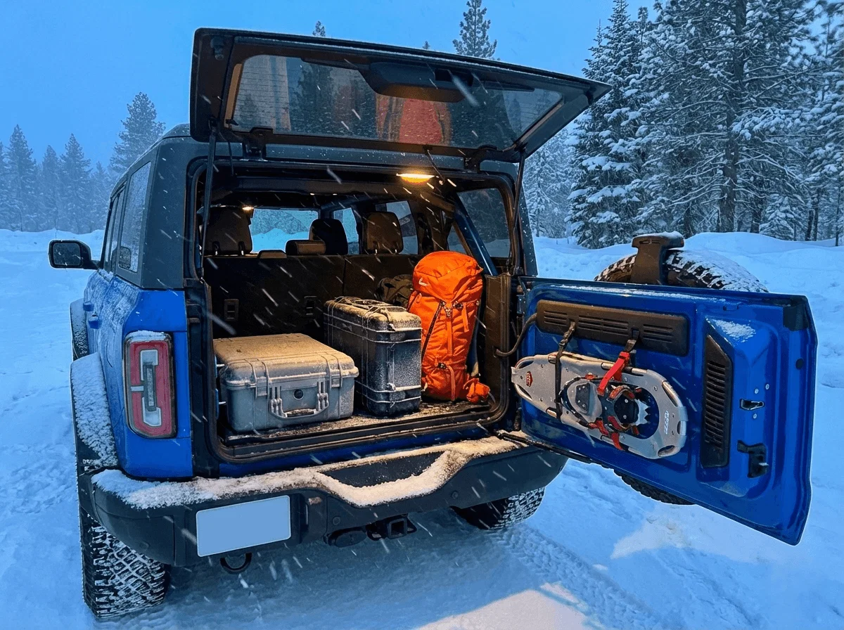 Open trunk of a blue Ford Bronco packed with camping gear and an orange bag in a snowy forest.