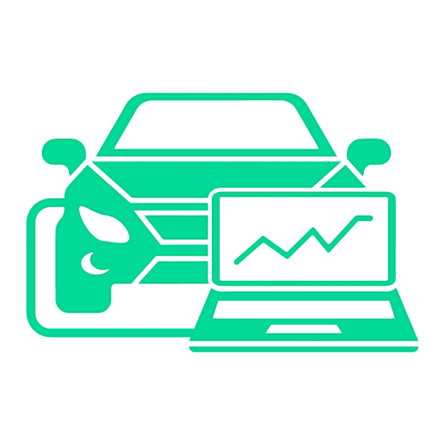 Laptop with line graph in front of car and faceless person leaning on vehicle.