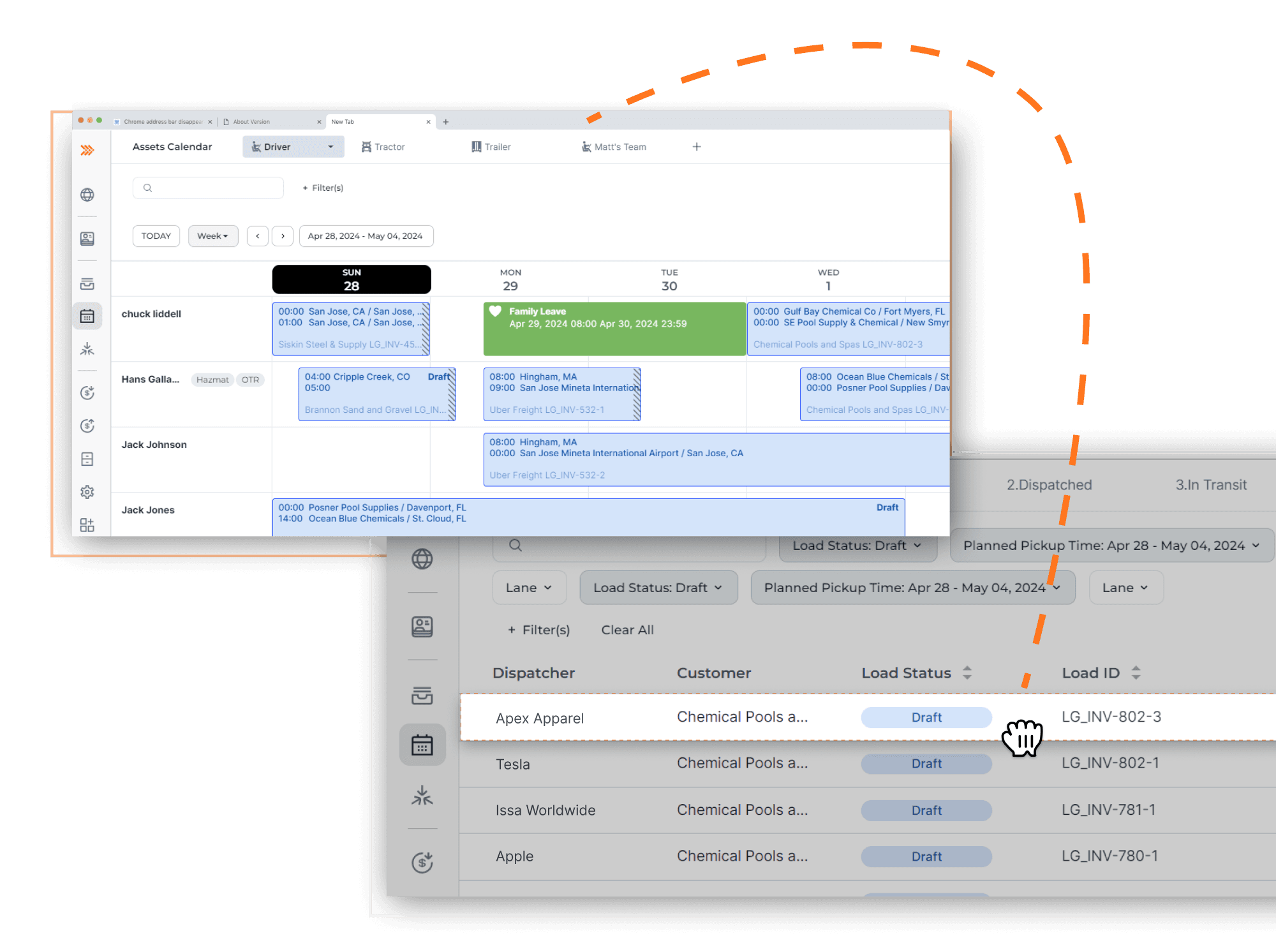 Screenshot of the BeyondTrucks TMS interface showing a user dragging and dropping a dispatch line into the calendar view to reschedule it—illustrating the ease of managing dispatch operations. The system is fully integrated with driver management apps, fuel tracking, payroll, toll overpass, WMS, communications and telephony, routing and mileage calculations, maintenance and fleet management, safety tools, and SOC 2-compliant data security features.