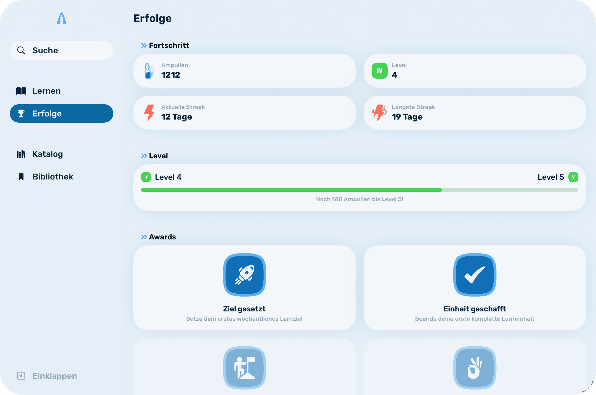 Screenshot: "Erfolge"-Ansicht auf dem iPad