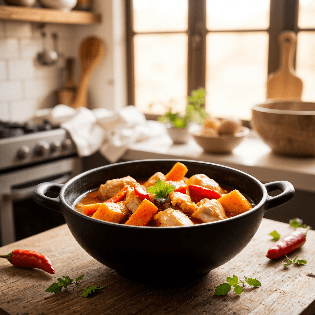product photography of a bowl of spicy chicken stew with vegetables