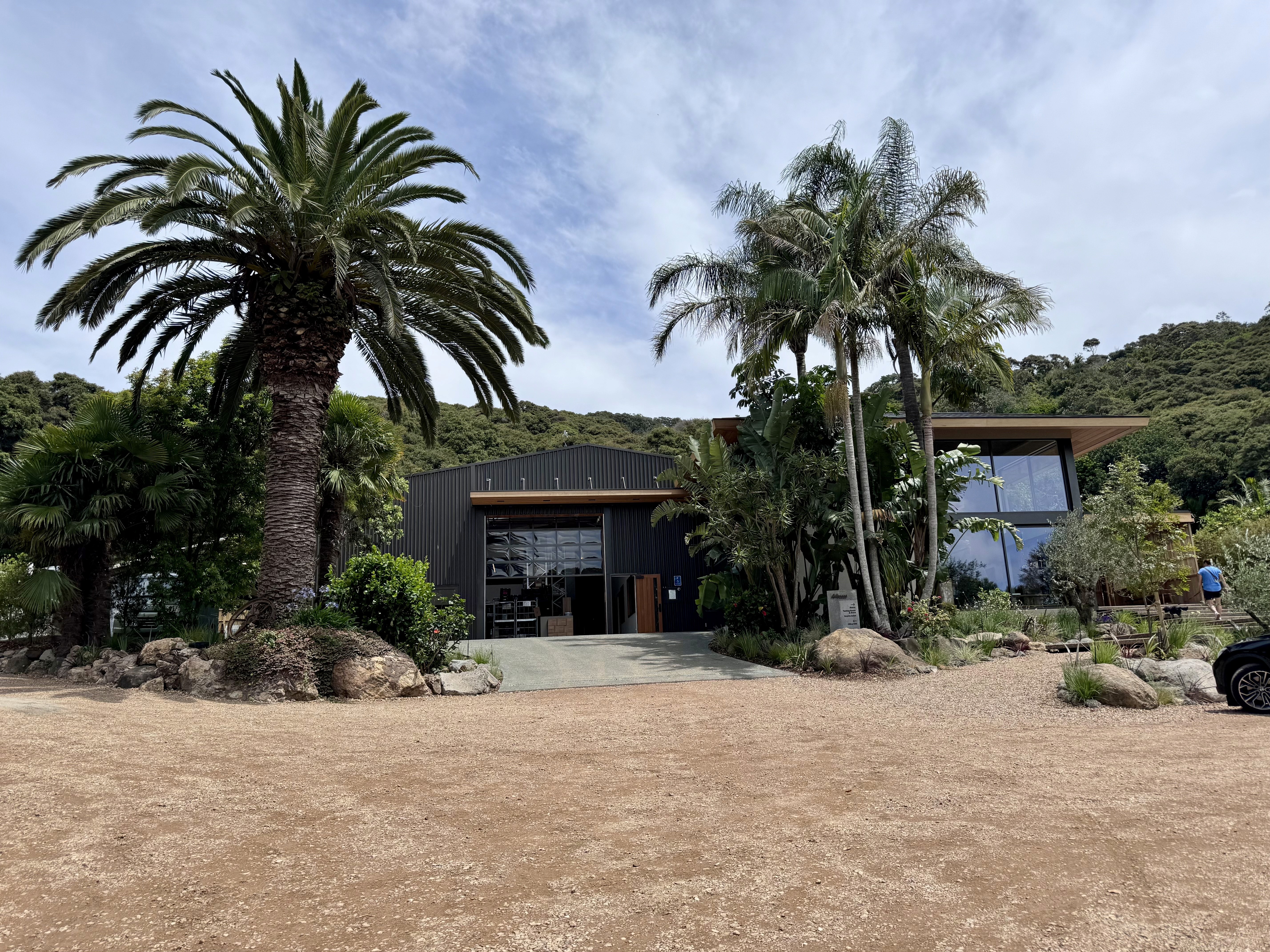 Alpress Olive Groves entrance flanked by trees in Waiheke Island