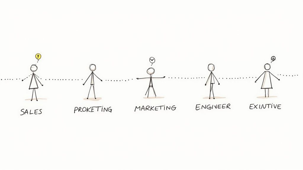 Five stick figures representing different roles (Sales, Proketing, Marketing, Engineer, Exintive) connected by a dotted line.
