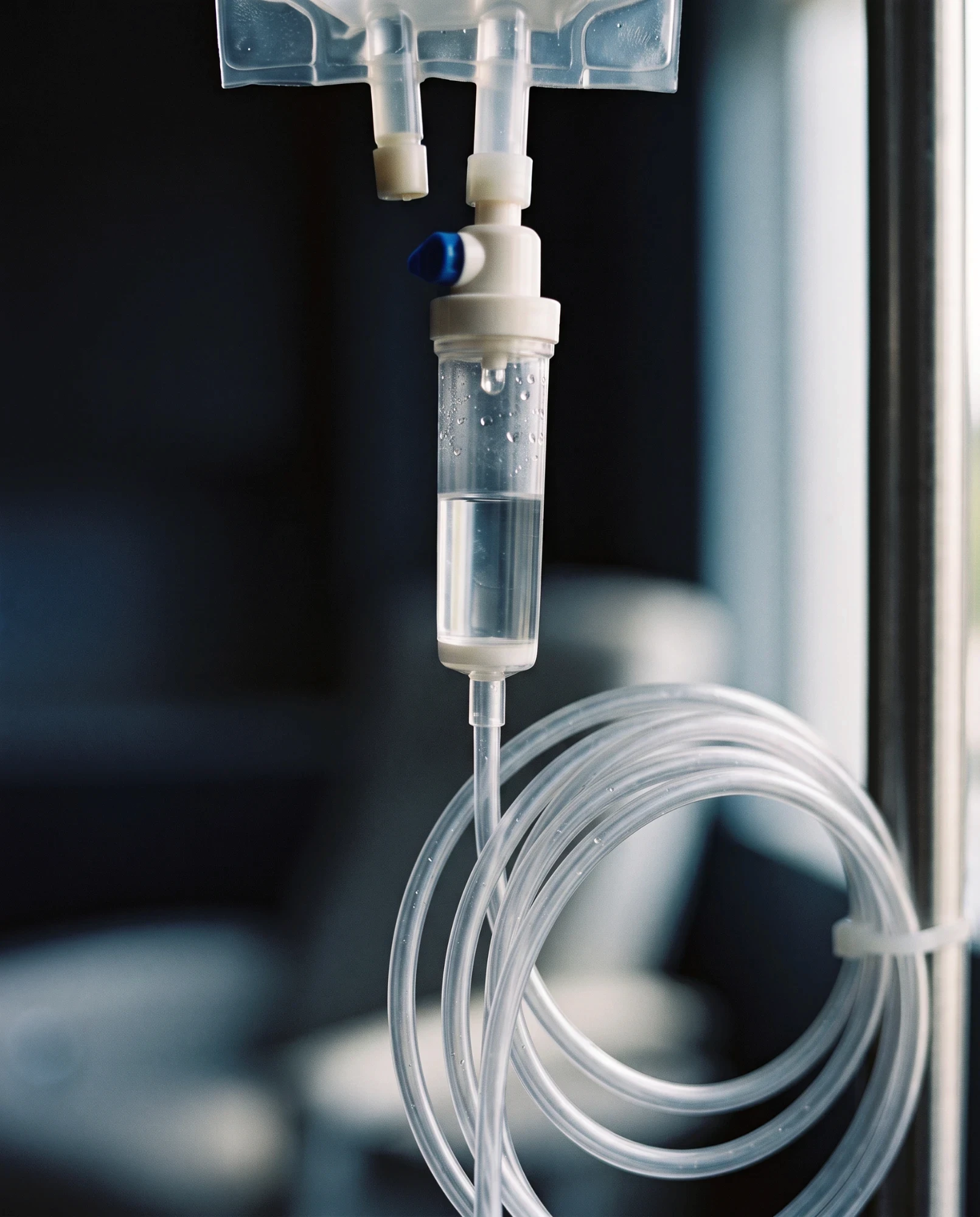 IV drip chamber and coiled tubing in an infusion suite