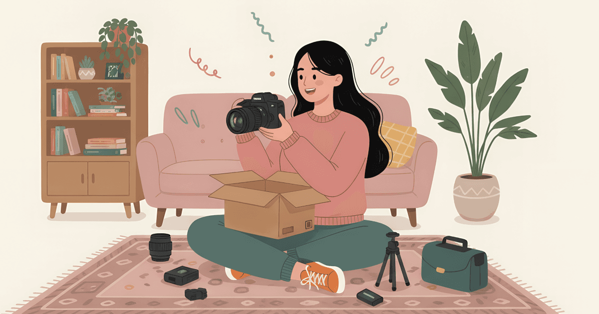Illustrated young woman sitting on the floor of her living room, smiling as she unboxes a new camera. An open cardboard box in front of her with camera accessories spread around - a lens, battery, tripod, and carrying case. A couch and bookshelf in the background. Colorful hand-drawn doodle marks in teal and coral float around her. Warm cream background, flat painterly style, variable linework.