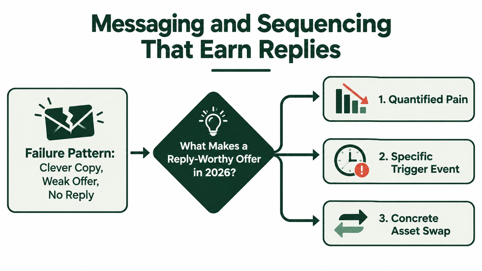 A diagram illustrating a B2B sales strategy for creating reply-worthy offers by focusing on pain, triggers, and swaps.