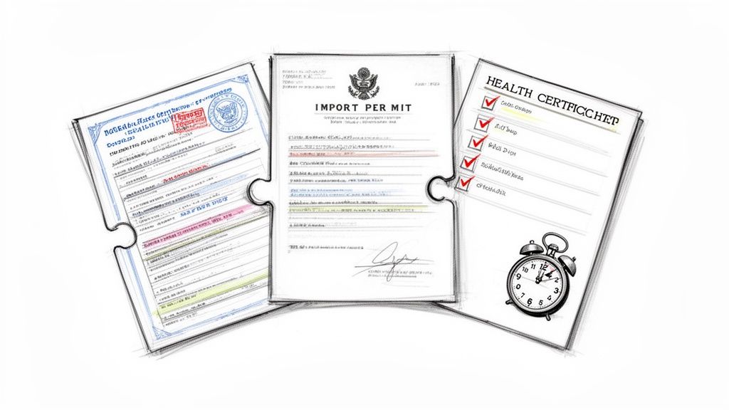 Three sketch-style puzzle piece documents: an 'Import Permit', a 'Health Certificate', and an alarm clock.