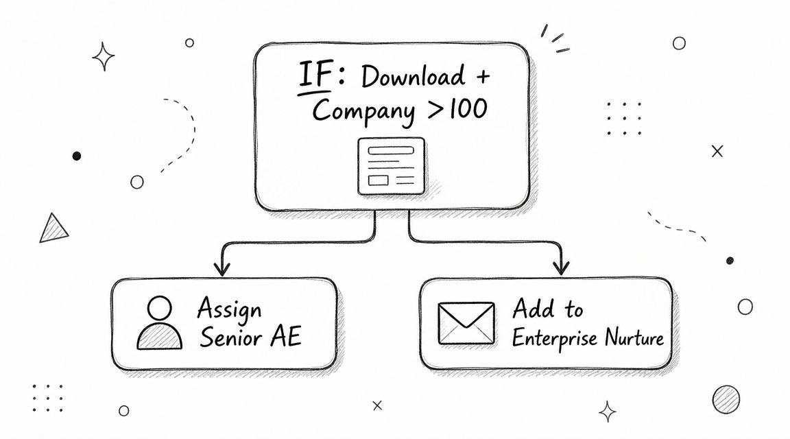 A hand-drawn flowchart diagram illustrating a CRM workflow for lead qualification based on company size.