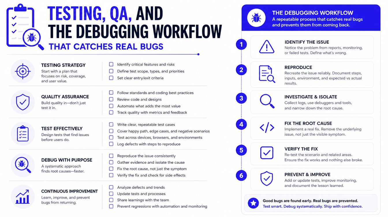 An infographic detailing a structured testing, quality assurance, and debugging workflow for software development teams.