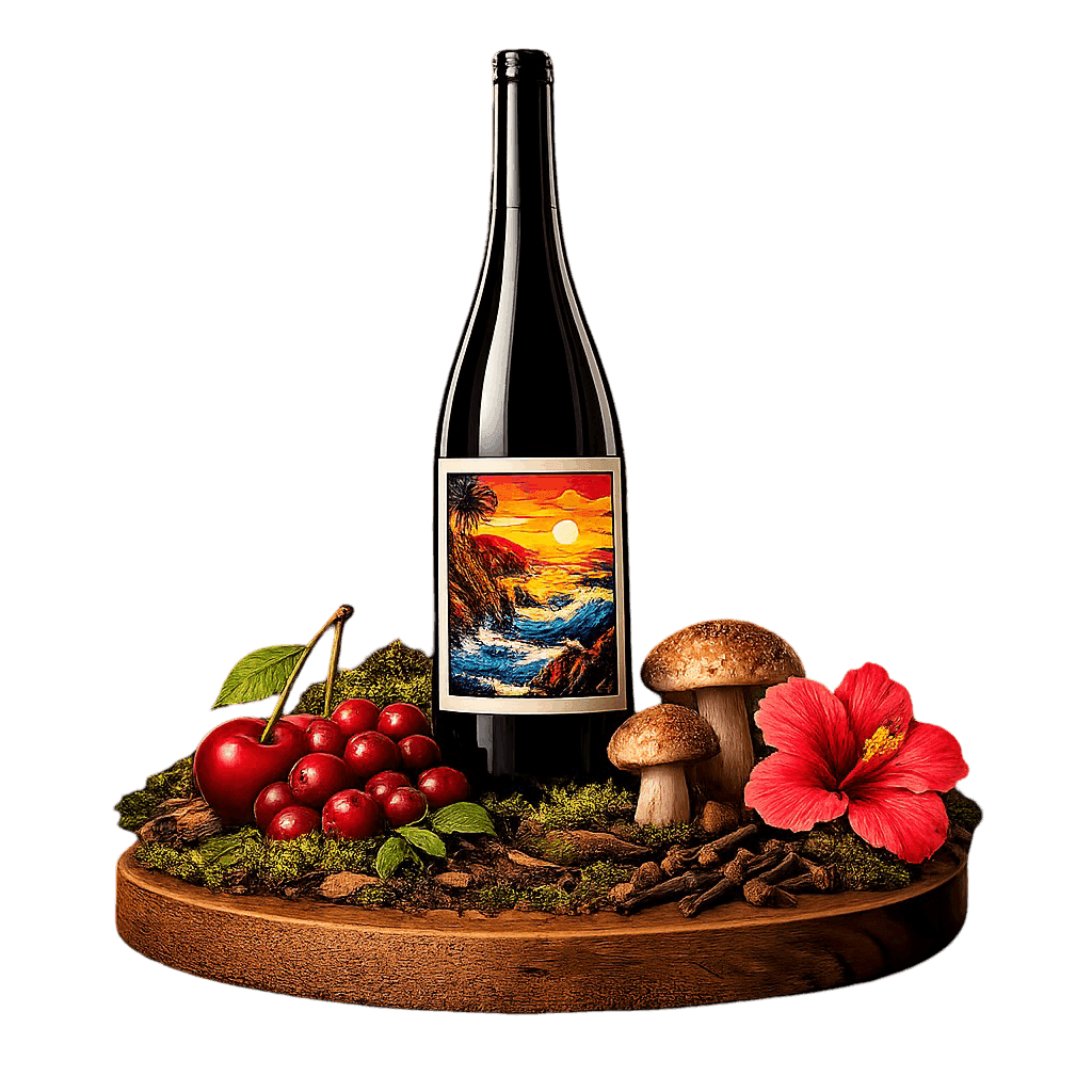 Artistic label and flavor profile for California Sonoma Coast Pinot Noir on a rustic wooden table.