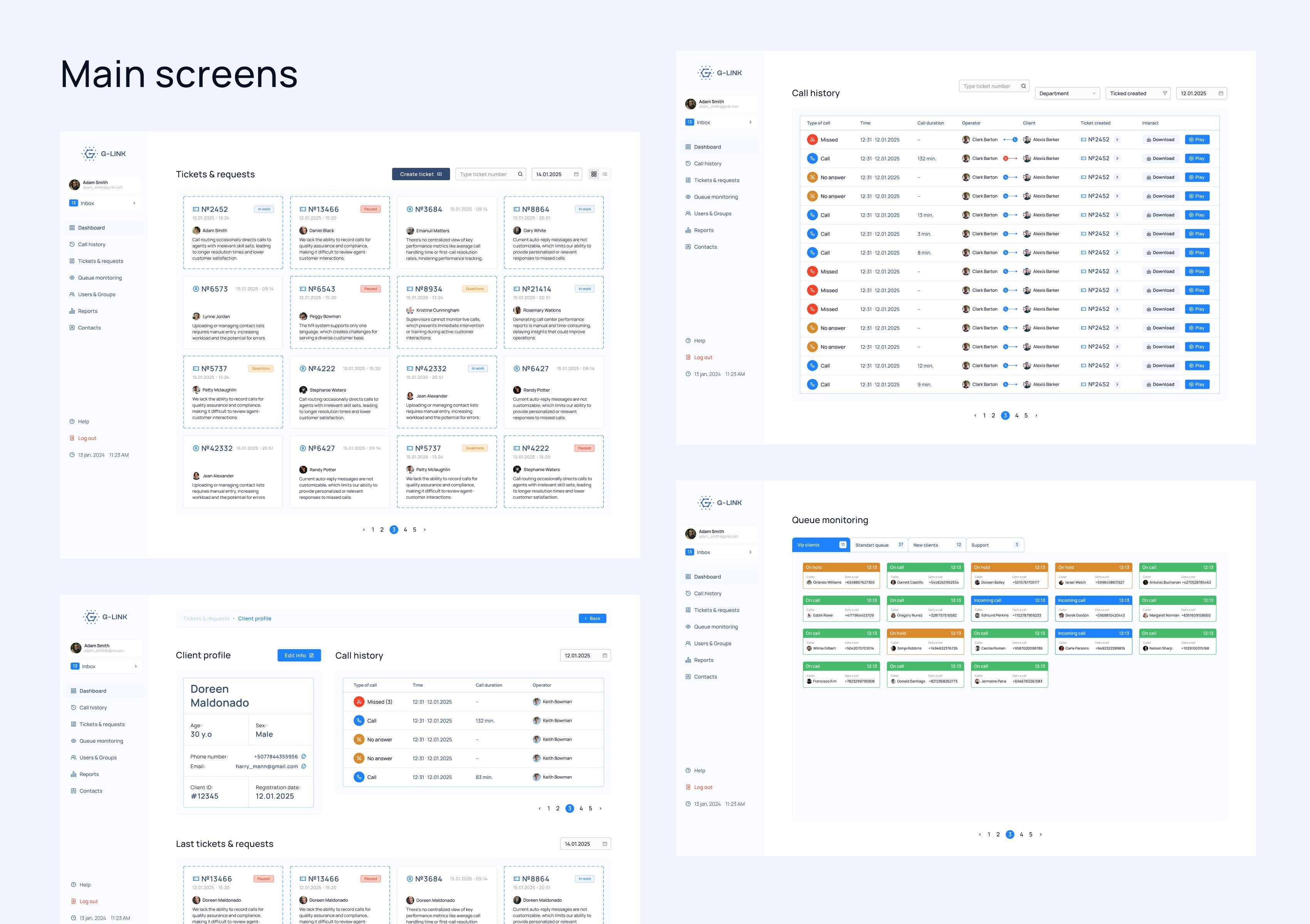 Main G-link interface screens including tickets and requests grid, call history table, queue monitoring board, and client profile view.