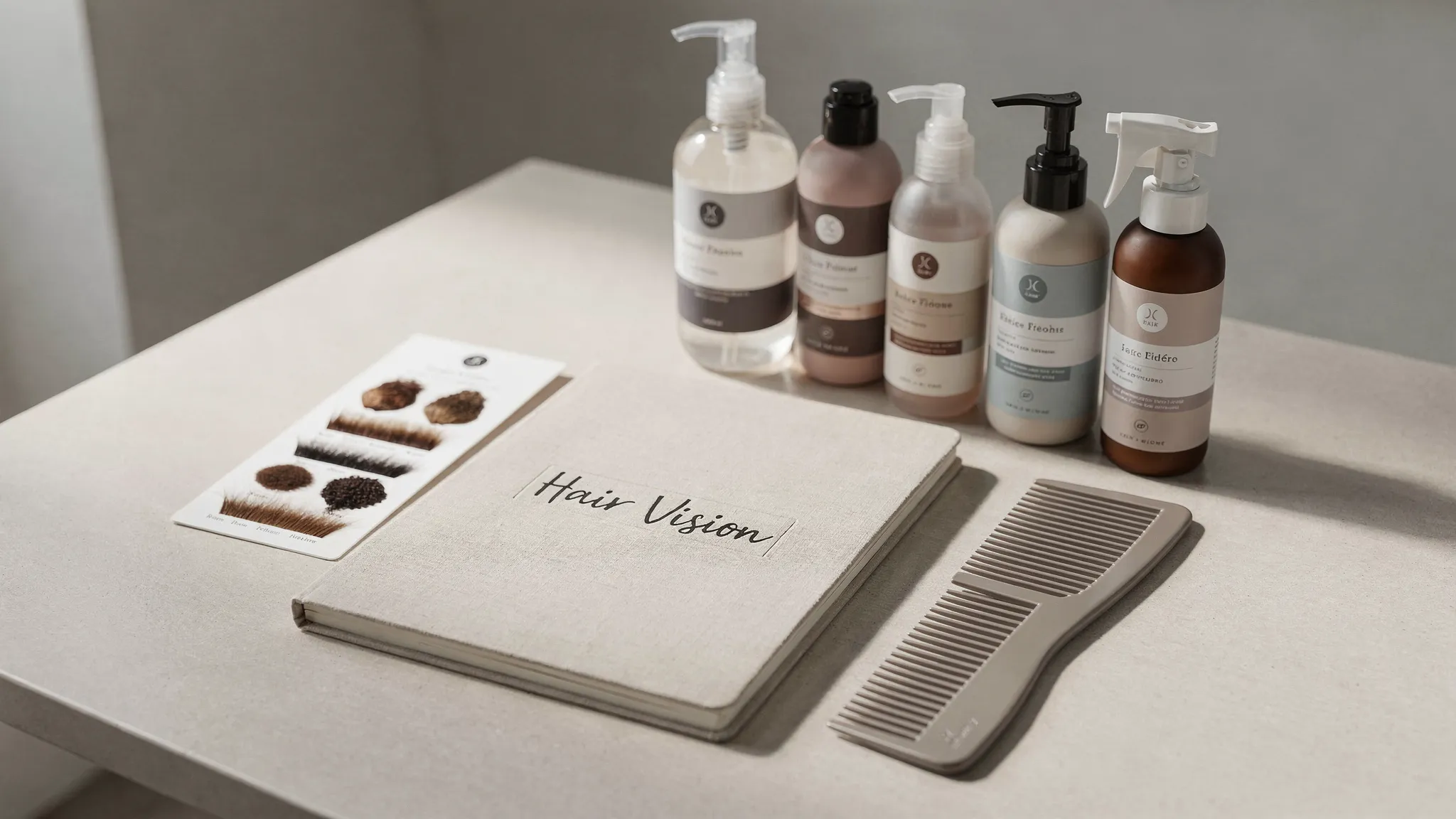A simple scene showing hair goals planning: a notebook labeled “Hair Vision,” a small hair strand texture chart card, a wide-tooth comb, and salon-quality product bottles arranged neatly on a countertop.