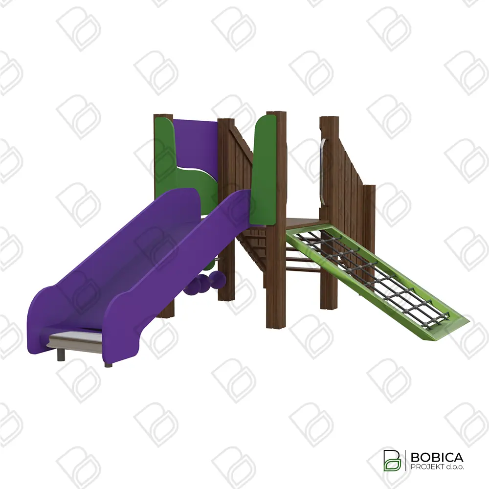 Multifunkcionalno dječje igralo s toboganom, stepenicama i kosom penjalicom u prirodnim i ljubičasto-zelenim tonovima - BOBICA PROJEKT