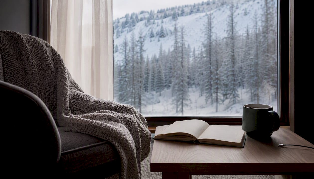 Corner of a mountain lodge room beside a window overlooking a snowy landscape