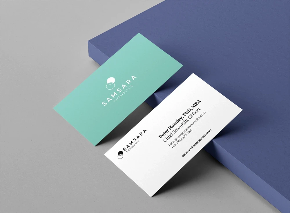 turquise and white Samsara business cards
