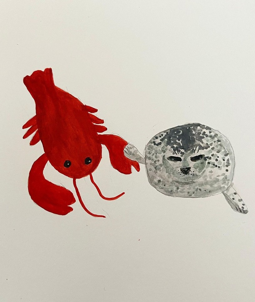 Red lobster illustration next to a grey spotted seal drawing