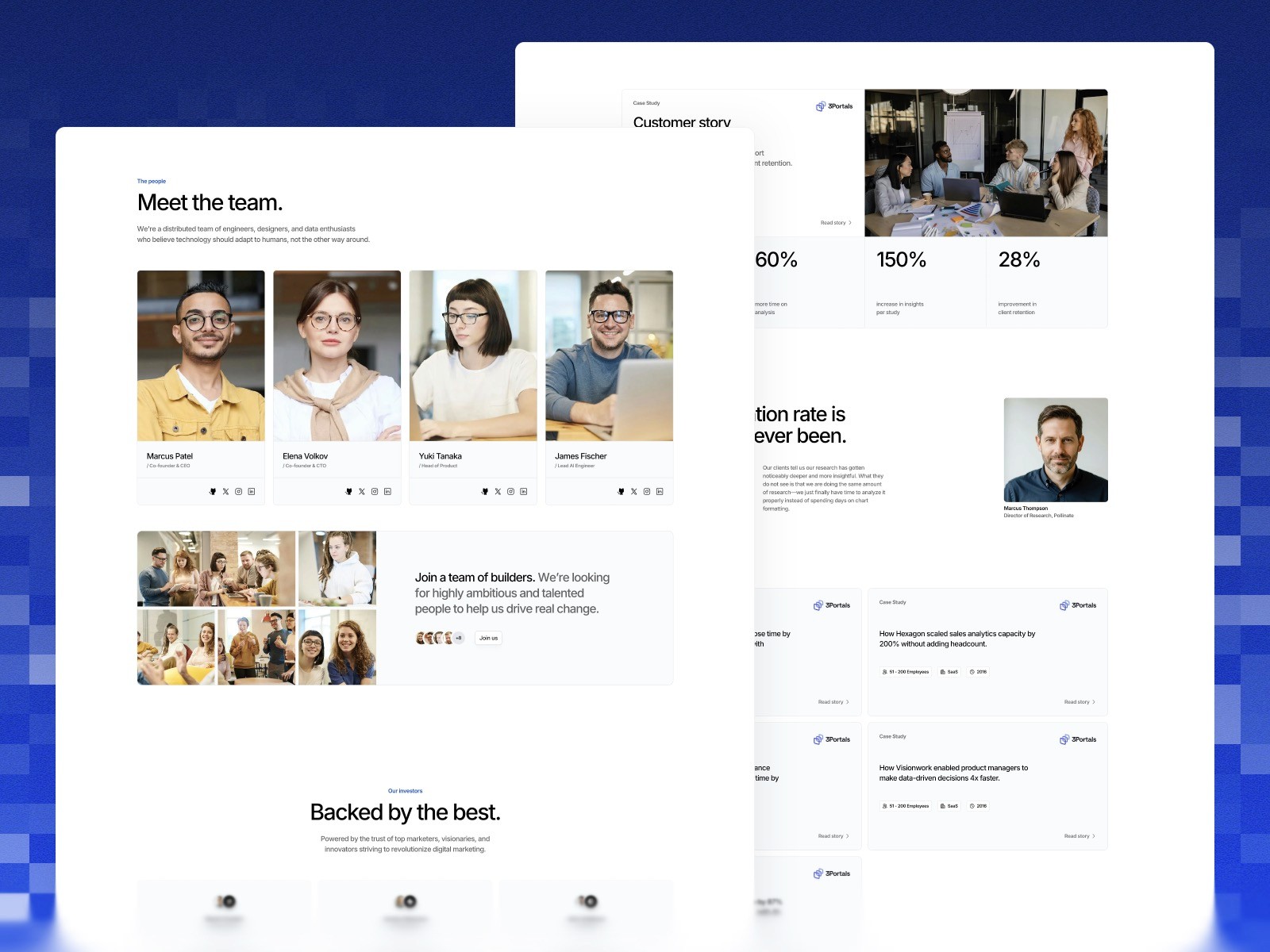Lumis AI SaaS Framer template about and case study pages preview