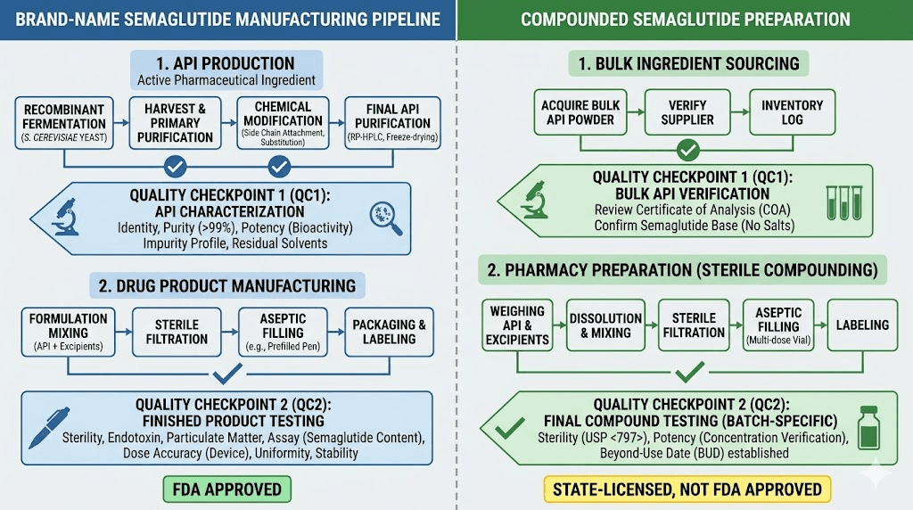 Brand-name vs compounded semaglutide manufacturing and quality control comparison