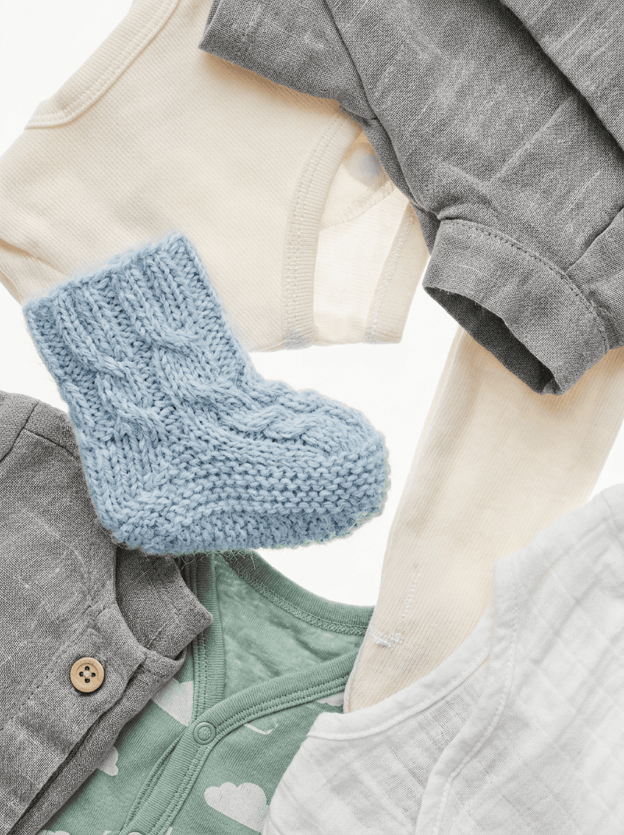 A variety of lightly colored kids clothing.