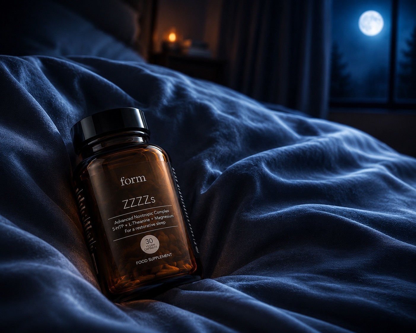 FORM ZZZZs bottle resting on deep blue bedding beneath moonlight.