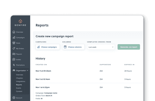 Campaign report dashboard user interface with options to choose campaigns, columns, and generate CSV reports, featuring history and supporter details.
