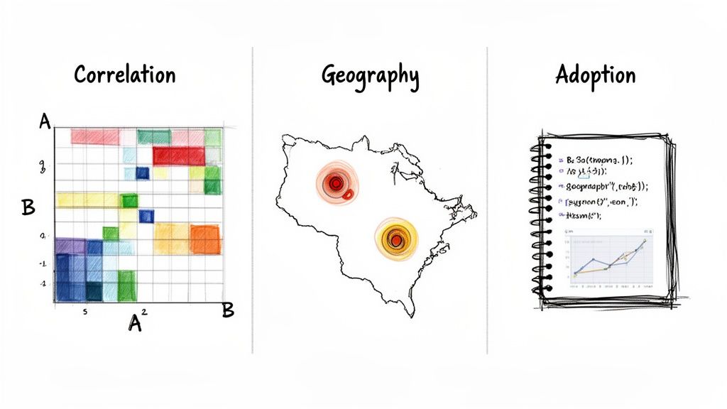Three panels illustrating correlation data, geographical distribution, and data adoption trends with graphs and code.