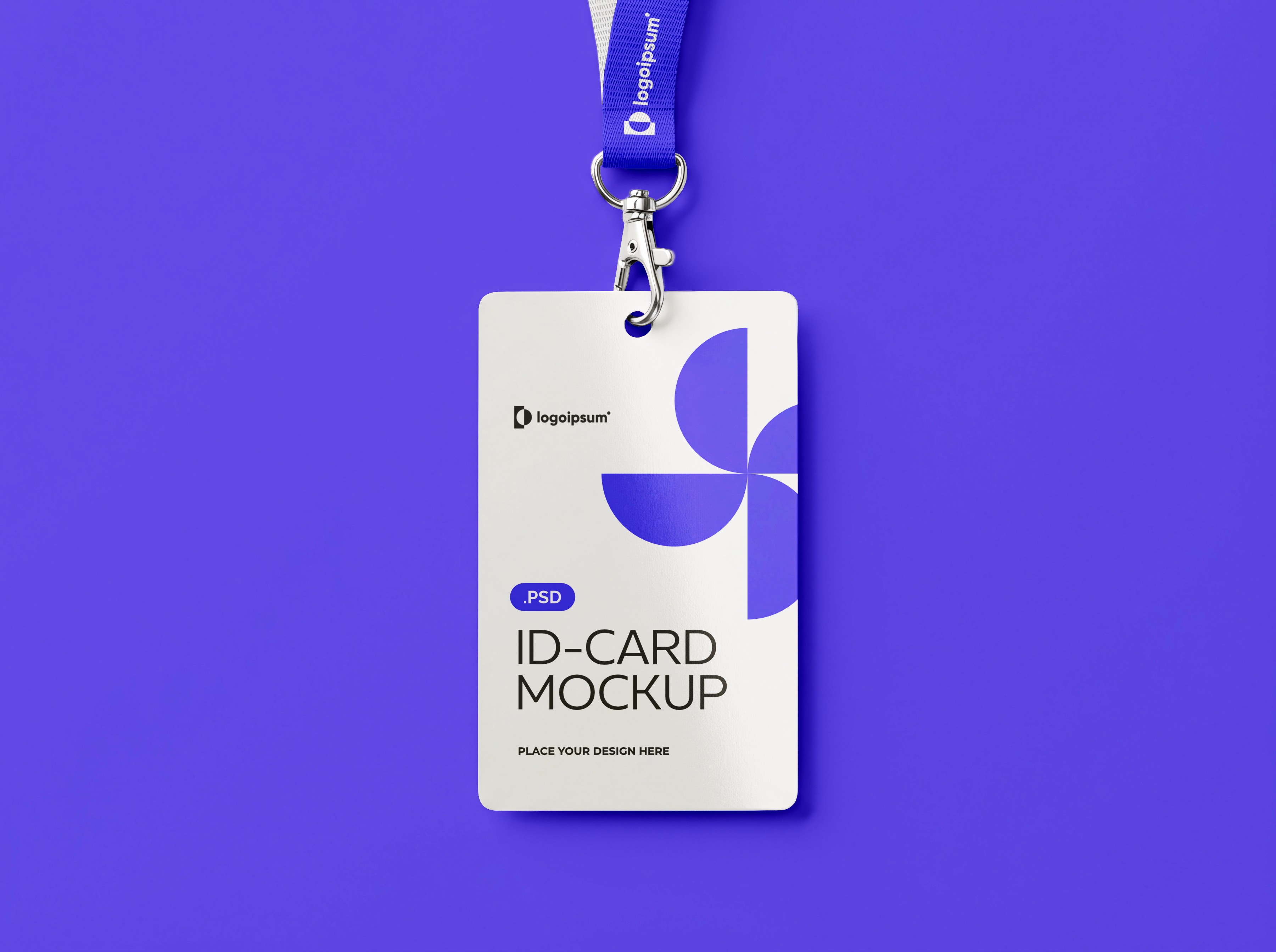 A detailed close-up of a white vertical ID card mockup featuring a purple logo, hanging from a silver metal lobster claw clip and a purple lanyard against a matching purple backdrop.